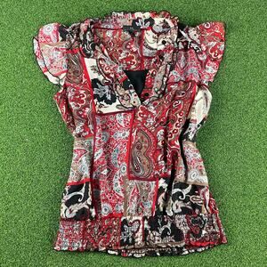 Vintage Y2K IZ Byer Red Black Layered Sheer Patchwork Print Ruffled Blouse Sz L